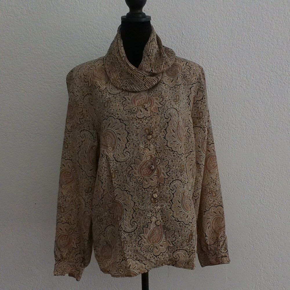 Beige color Paisley style blouse, cowl neck, shiny
